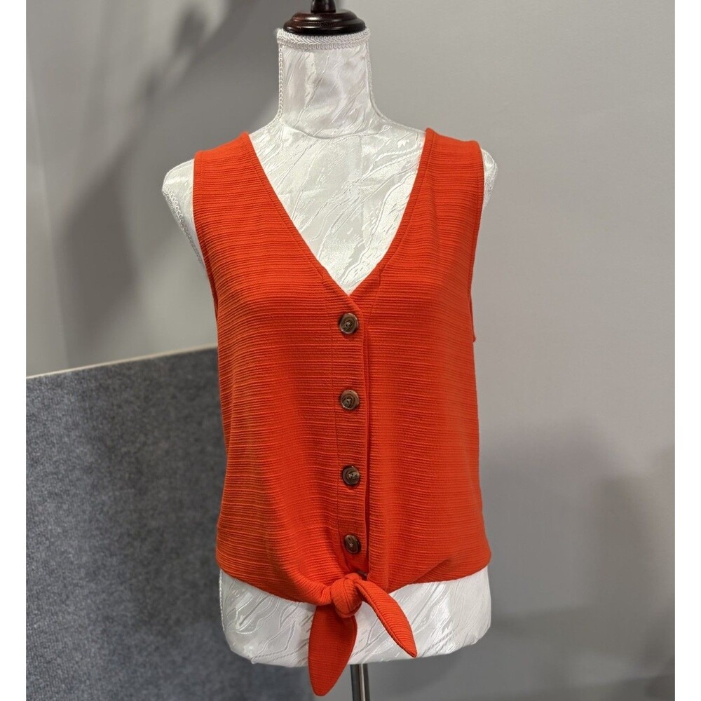 J Crew Orange Red Ribbed Knit Button Down Tie Front Tank Top Sleeveless Shirt S